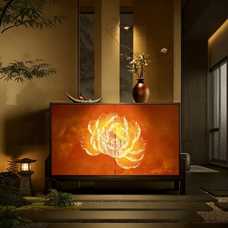 Medieval Style Orange Golden Lotus Painting Solid Wood Porch Cabinet Dining Side Cabinet Living Room Storage New Chinese