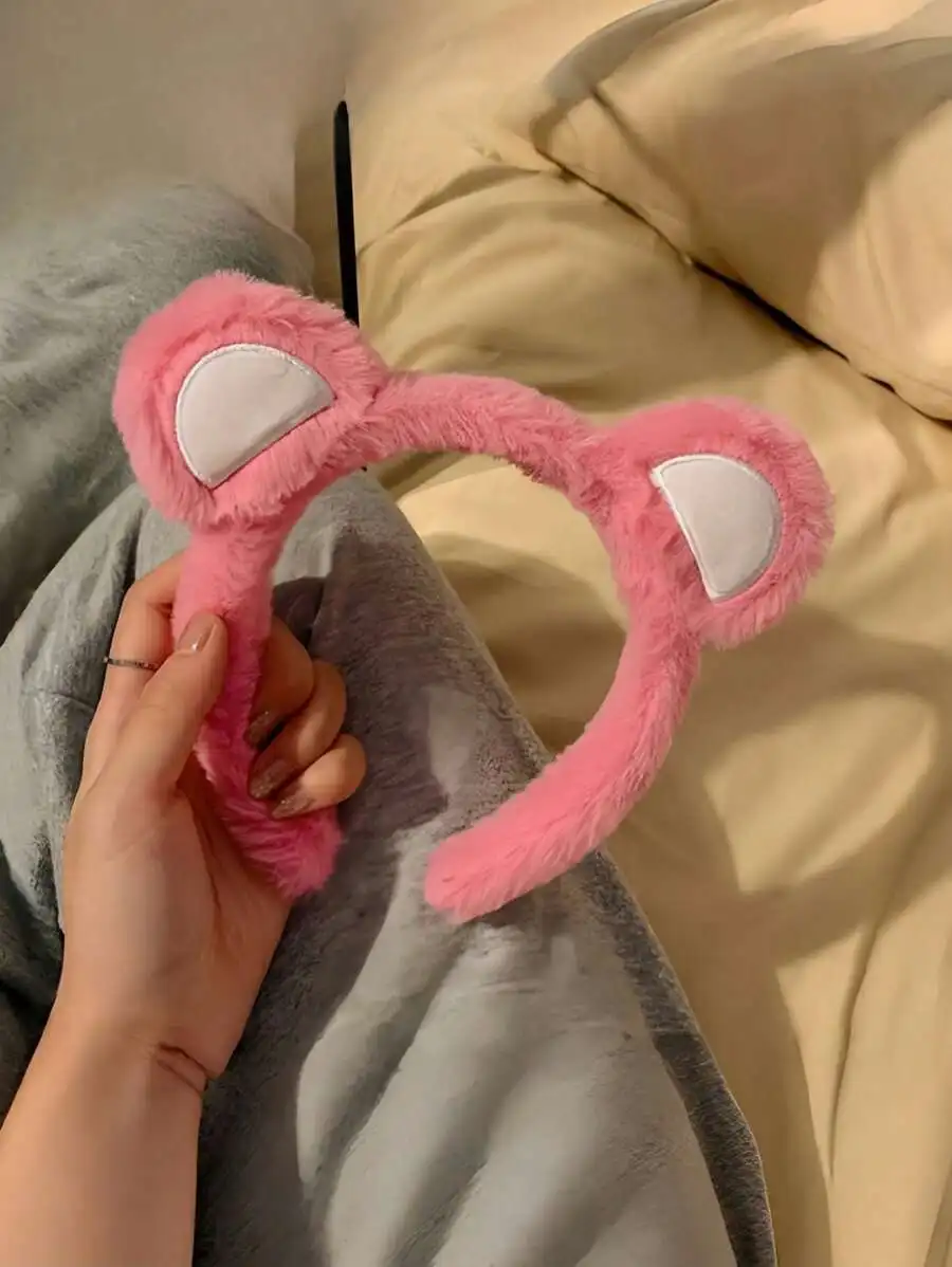 

Fuzzy Pink Cartoon Ear Headband For Adults Home Bath Decor