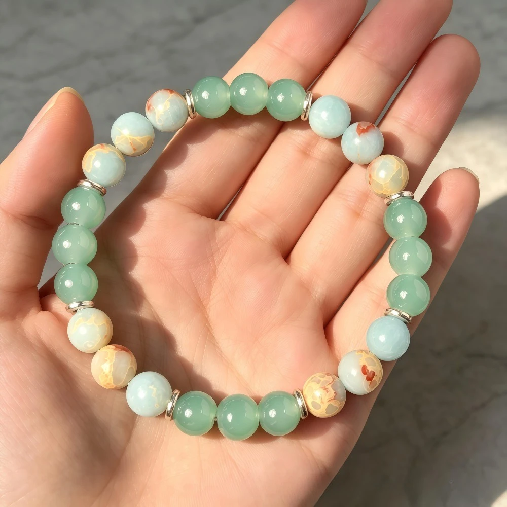Natural Fresh Green Crystal Beaded Bracelet Round Bead Stretch Bracelet Women's Hand Accessory Daily Holiday Party Gift