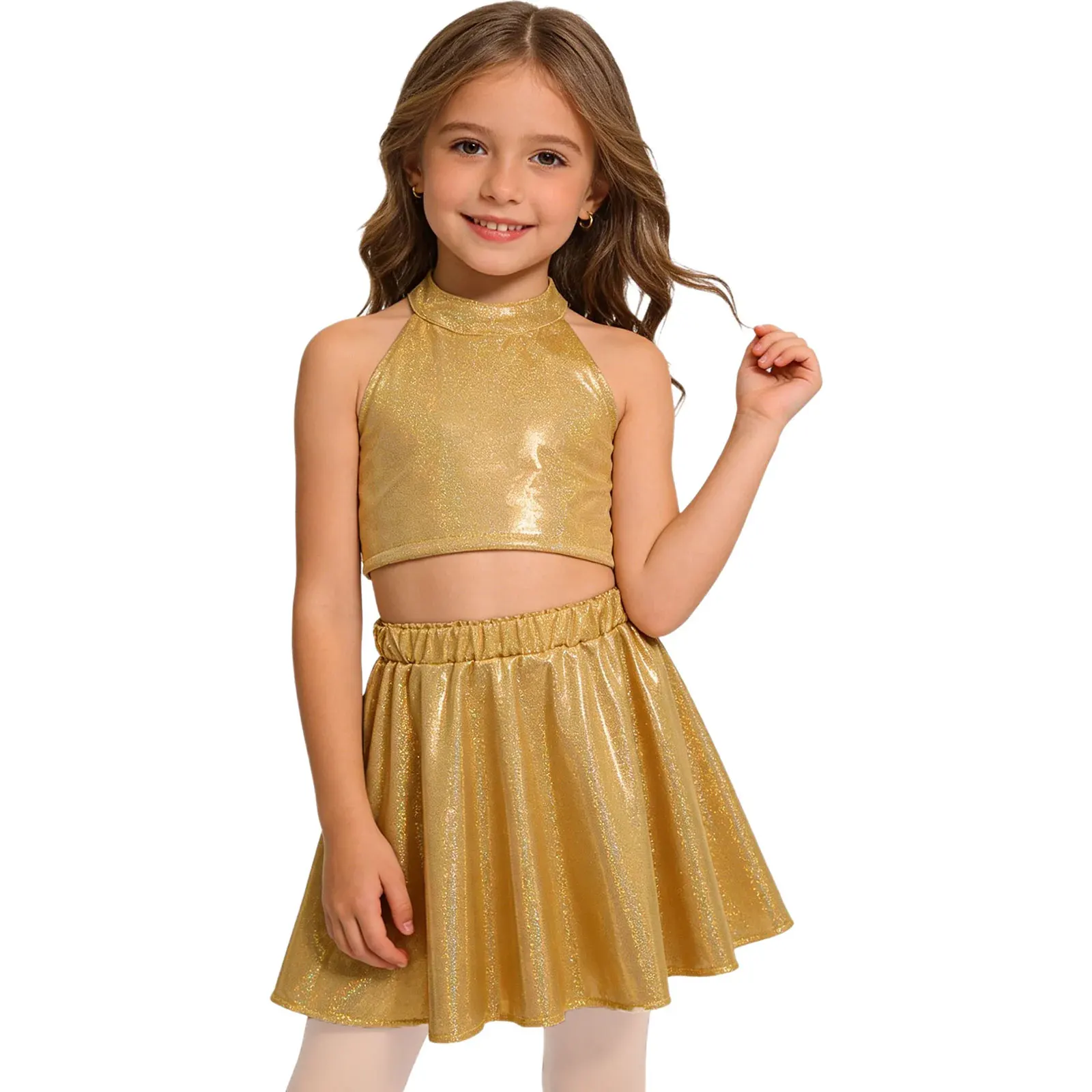 Kids Girls Metallic Hip Hop Jazz Street Dance Costume Shiny Crop Top+Pleated Skirt Set Cheerleading Show Party Stage Performance