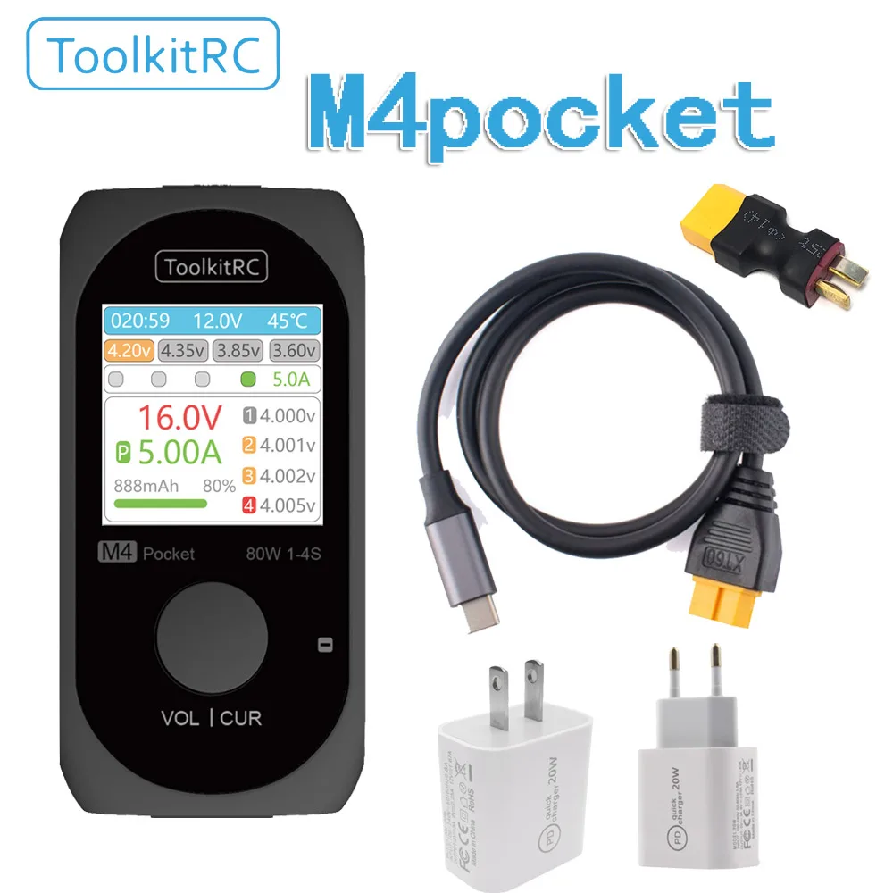 Original ToolkitRC M4 Pocket DC 80W 5A XT30 XT60 Input USB-C Input/Output Charger for 1-4S LiPo Battery Quick Charger Function
