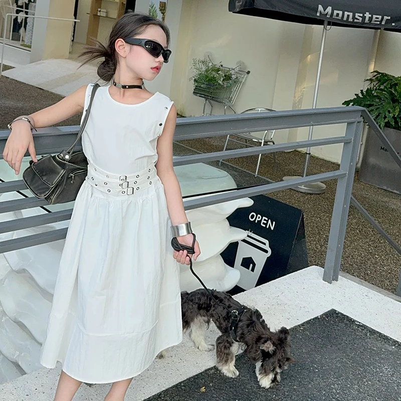 french design summer white black teen girls dress double belt Fashion Vest Princess Dresses teen kids Sleeveless one piece skirt