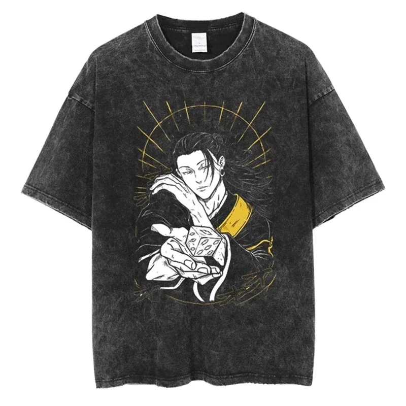 

Jujutsu Kaisen Vintage Washed Old Short Sleeve T-Shirt Men's Cotton Top Street Trend Y2K Classic Printing Pattern Anime Figure