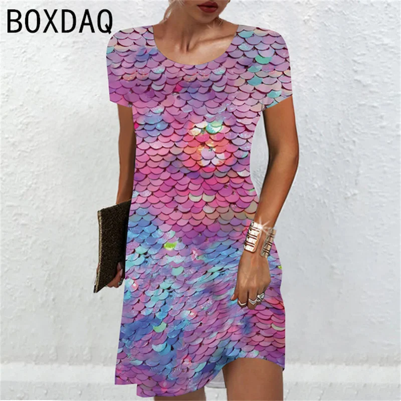 3D Colorful Fish Scales Print Dress Oversized Women Short Sleeve Casual Dress Female Loose A-Line Mini Dress Vestidos De Mujer