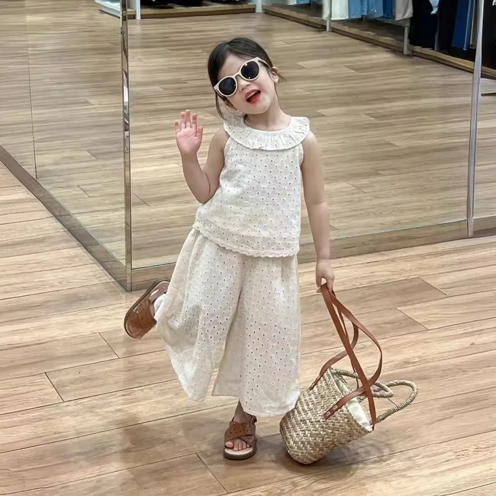 Girls Set Korea Style 2024 Summer New Solid Color Halter Top Cutout Wide Leg Pants Two Piece Set Baby Fashion Summer Clothes