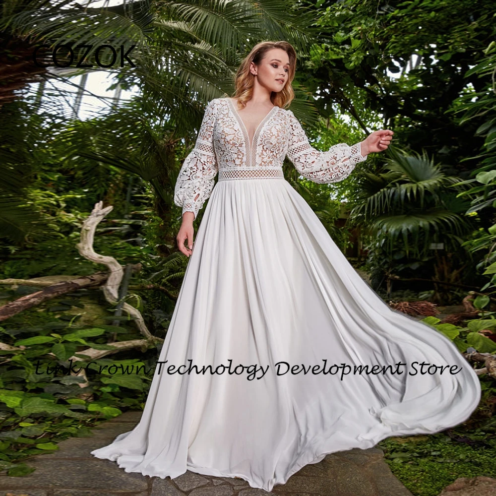 COZOK V Neck Wedding Dresses for Women 2024 Summer Full Sleeve Chiffon Bridal Gowns with Lace New Court Train Vestidos De Novia