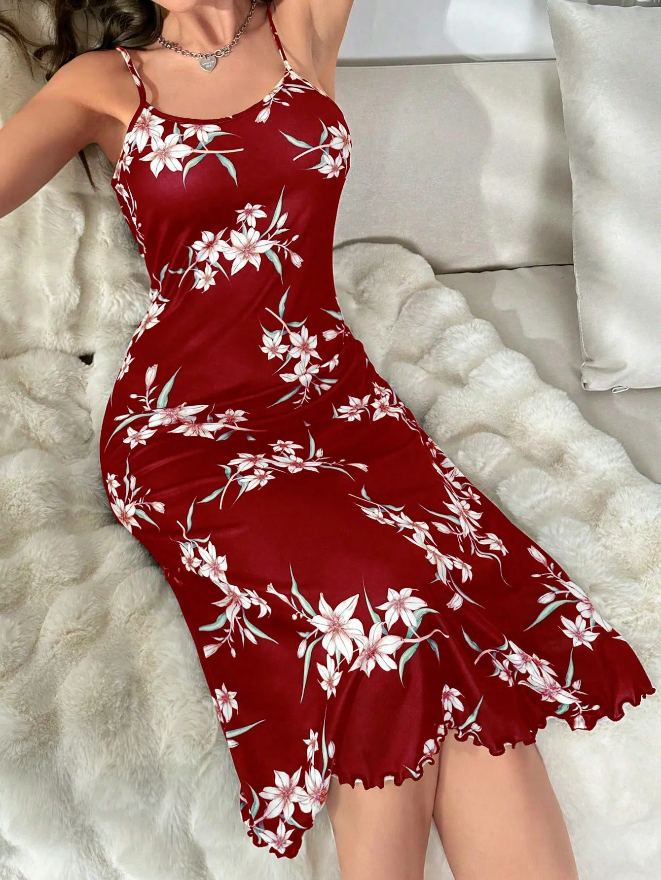 Women\'s new style floral camisole pajamas Casual pajamas Red elegant home wear