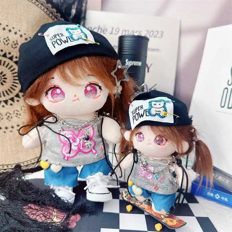 

10/20cm Kawaii Hip Hop Girl Trend 4Pcs Set Gray Shirt Jeans Cute DIY Dress Up Cotton Doll Clothes Accessory for Fans Kids Gifts