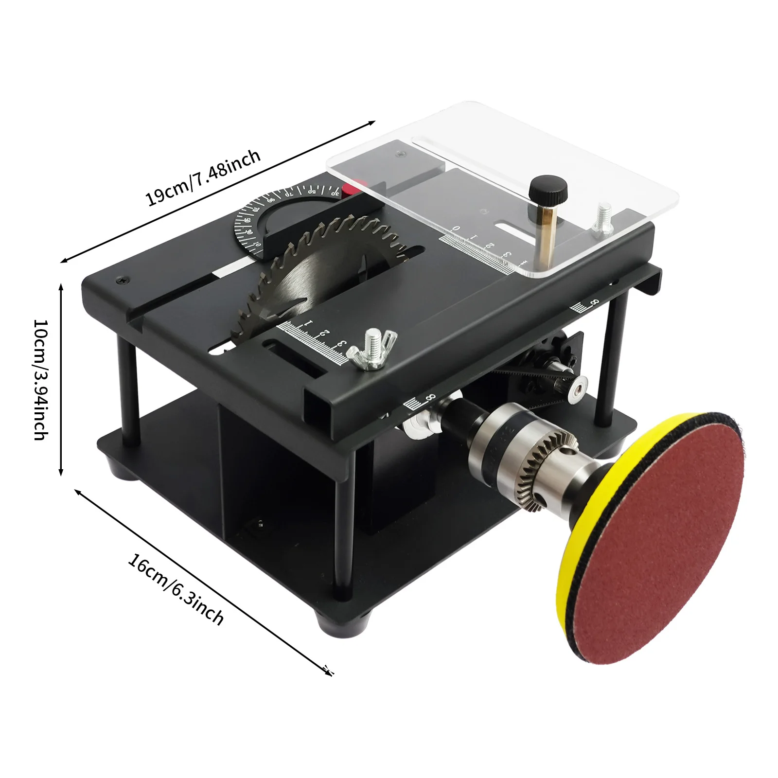 Mini Table Saw, 16cm x 19cm x 10cm 110-240V US Plug 200W 0-90° Adjustable Cut Angle Overload Protection Acrylic Splash Guard Multi-function Desktop Cutting Polishing Power Tool