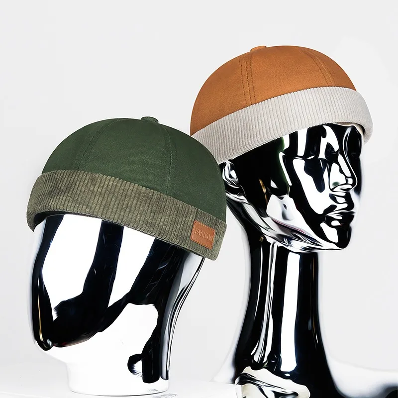 Trendy Unisex Sailor Beanie with Corduroy Trim & Leather Patch, 6 Colors image 2