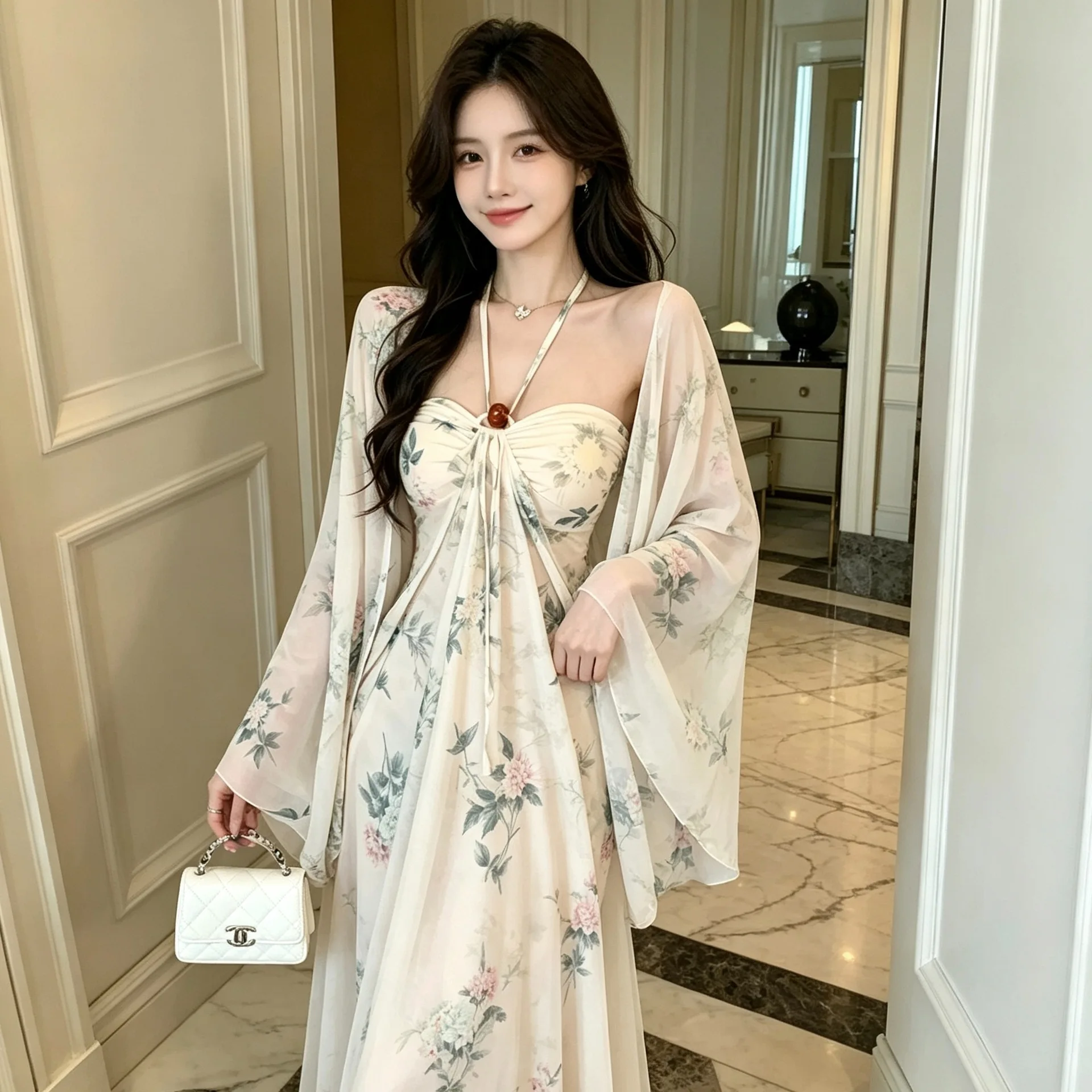 Elegant Beautiful Long Dress Neck Hanging Shoulder Wrap Chest Strapless Dress Chic Holiday Style Casual Sportswear Set