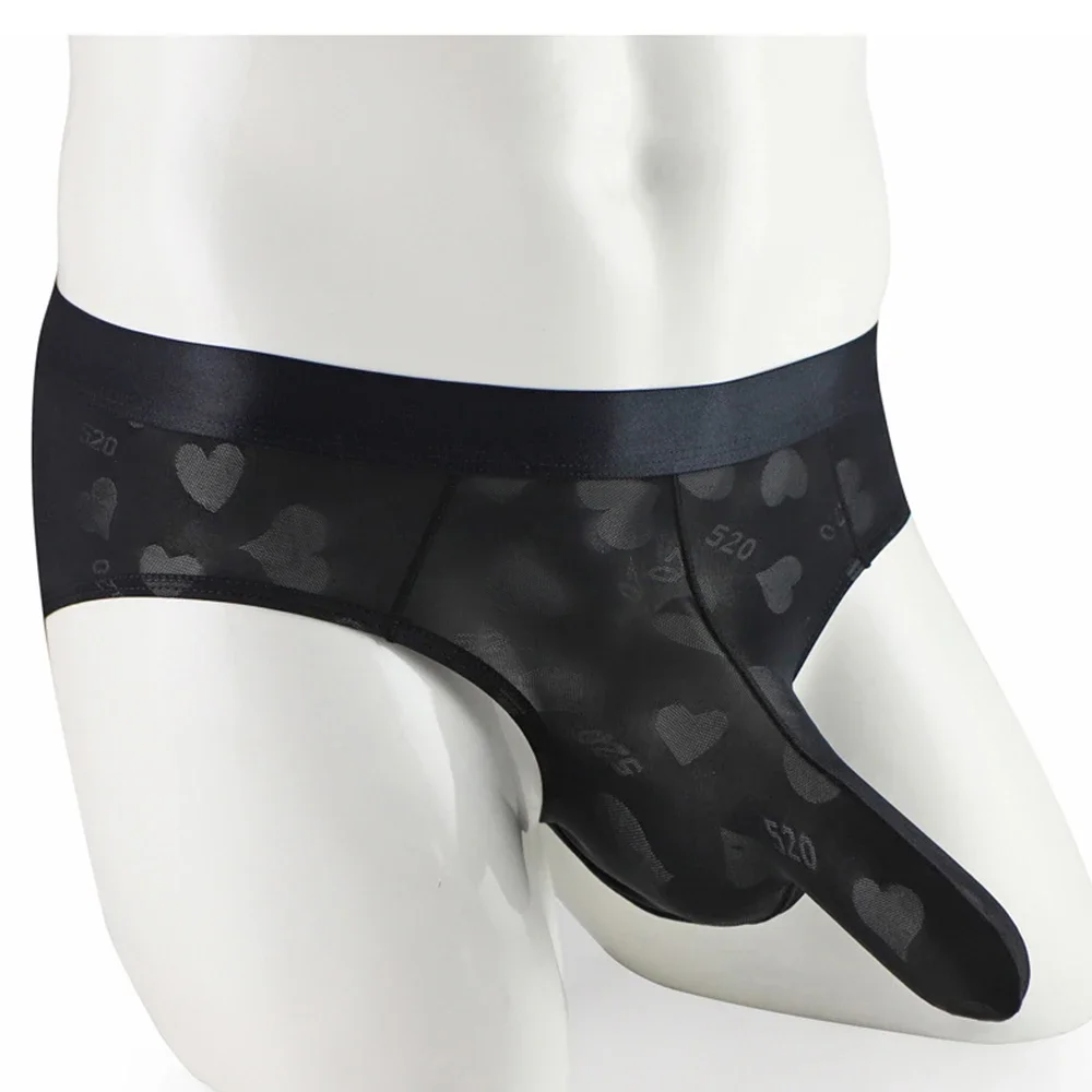 

Breathable and Sexy Love Jacquard Elephant Trunk Briefs in Multiple Colors for Men with Mesh and See through G string Thong