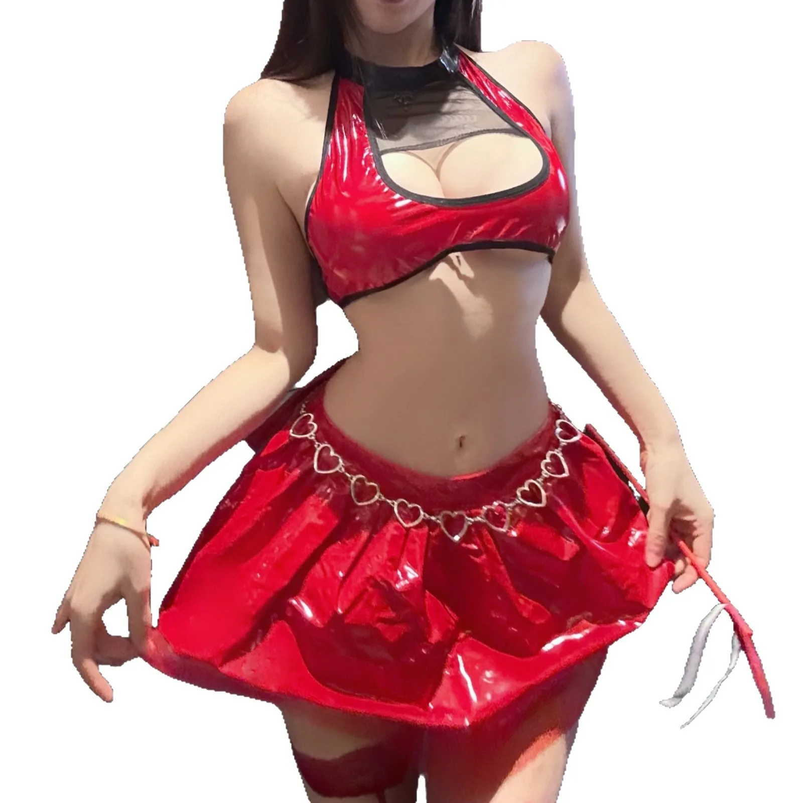 Sexy PU Leer Halter Halsbandjes Duivel Korte Mini Jurk Vrouwen Sexy Lingerie Halloween Cosplay Punk Gothic Kostuum voor Vrouwen