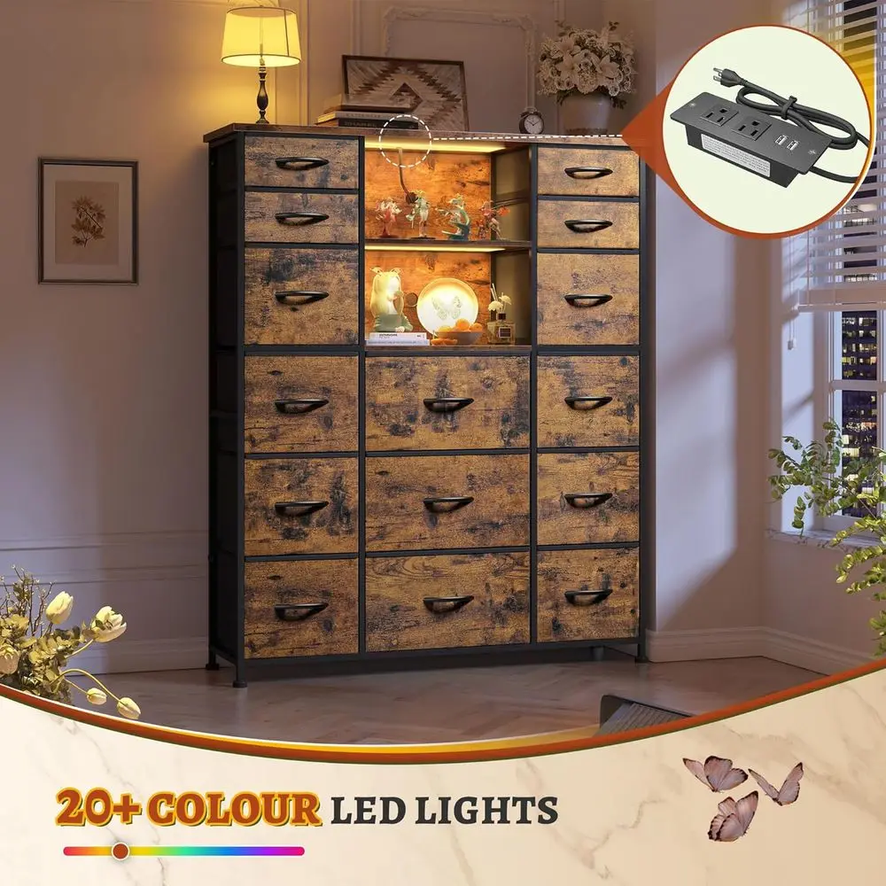 DAFIFY Comò con 15 cassetti, stazione di ricarica e luci a LED, tessuto robusto, struttura in acciaio, marrone rustico, 51,2 A x 39,3 L x 11,8