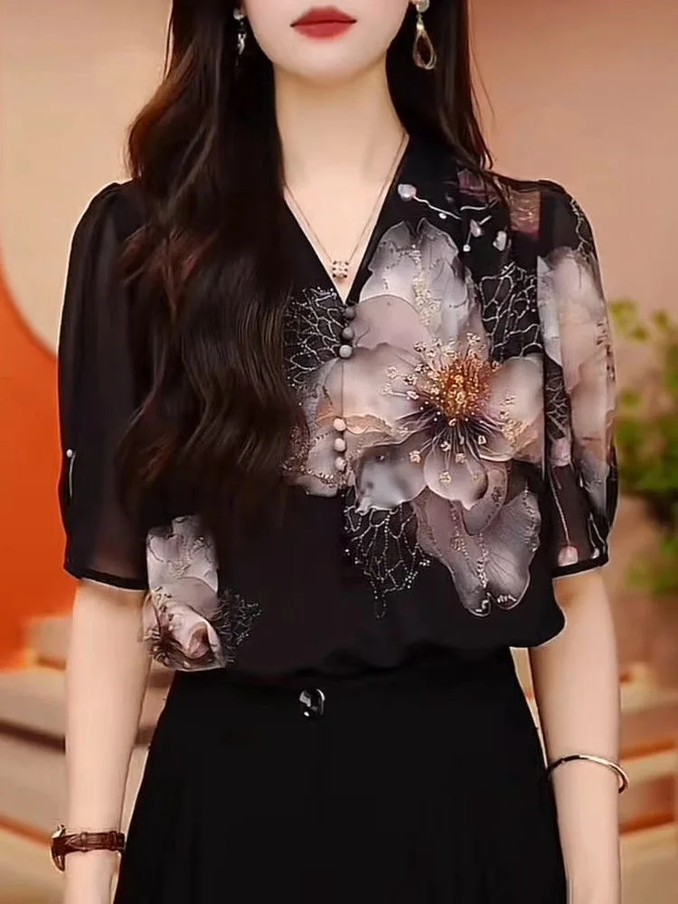 

Short Sleeve Blouse 2025 New Summer Woman Clothing Floral Print Blusas Para Mujer Top Casual Slim Blouses For Women