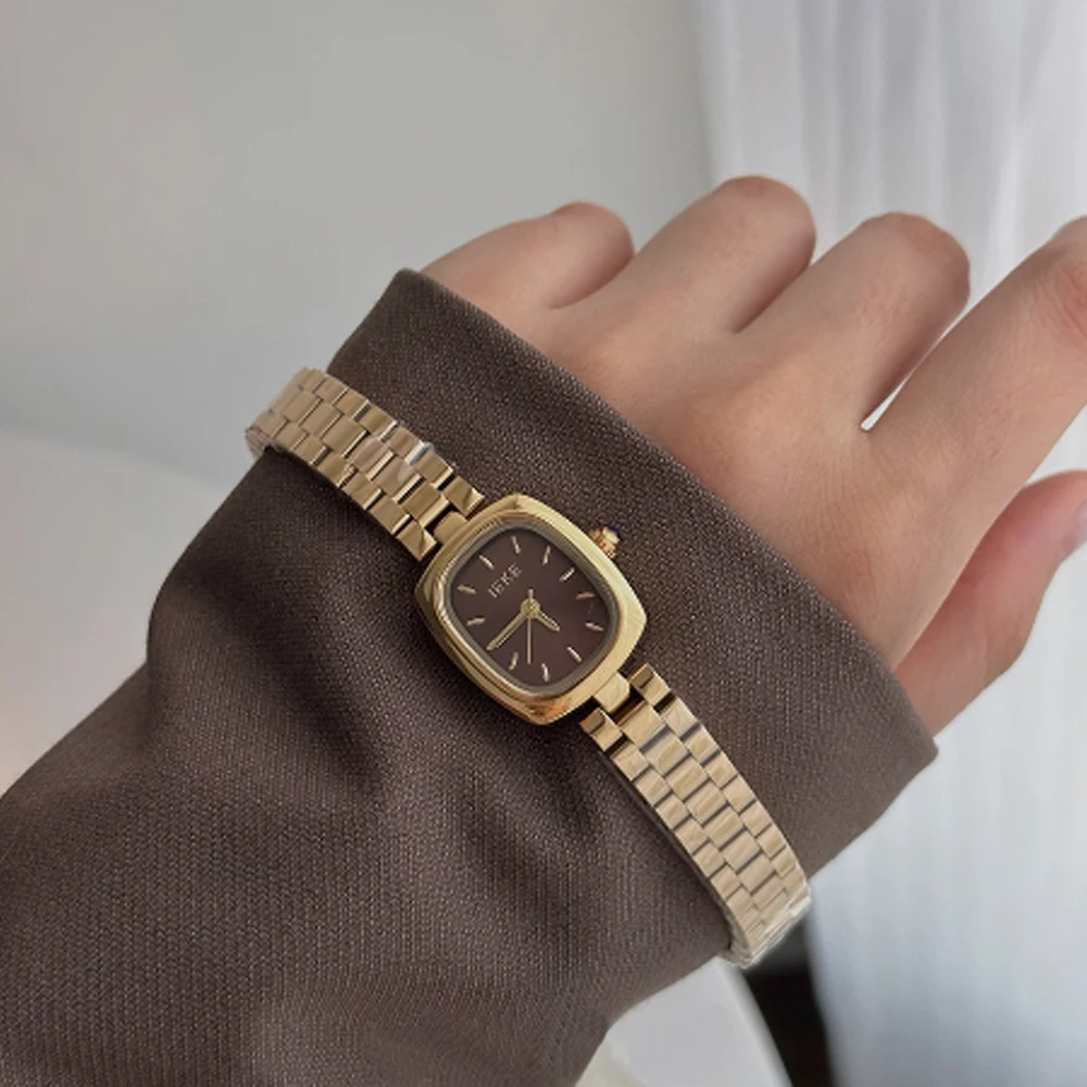 Fashion temperament minimalist luxury rectangular dial with gold steel belt with quartz women's watch