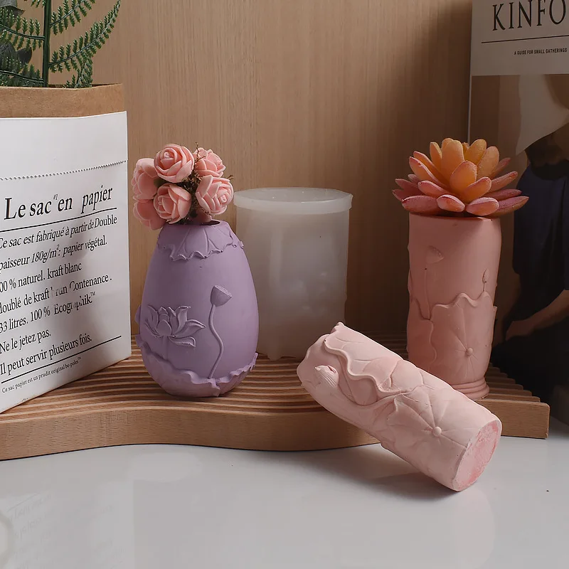 

Relief lotus leaf cylindrical aromatherapy candle holder liquid silicone mold, DIY lotus vase, flower vessel, gypsum decoration
