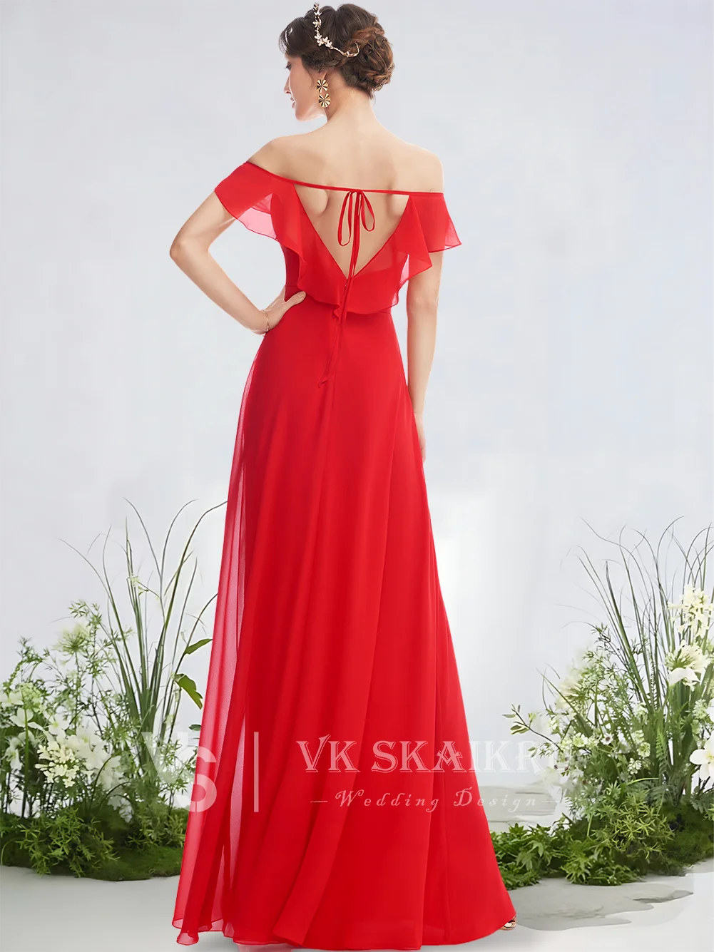 Um etéreo fora do ombro vestidos de dama de honra fosco lilás a linha até o chão chiffon jardim gala festa de casamento babados em cascata