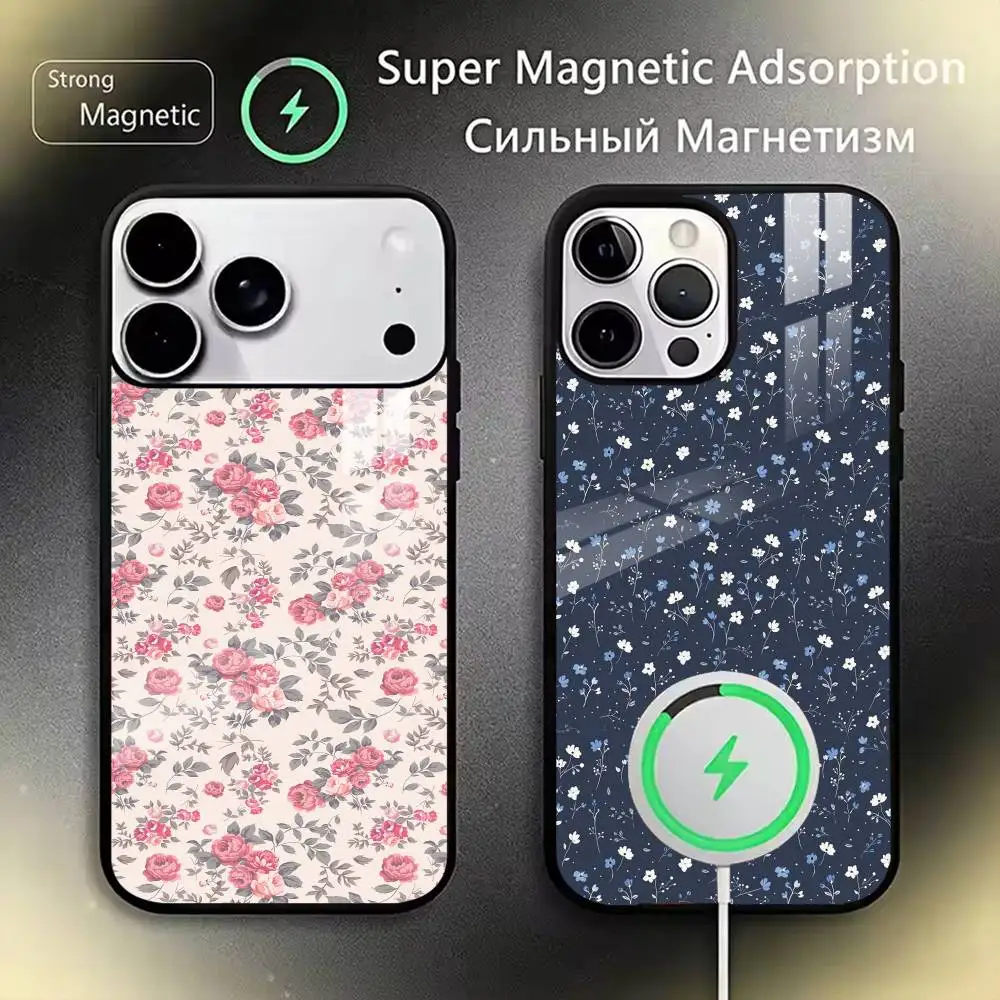 

Vintage Flower Phone Case For iPhone17,16,15,14,13,12,11 Plus,Pro Magnetic with Magsafe Wireless Charging