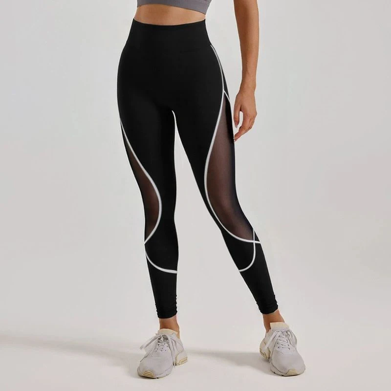 2026 Women Color Block Mesh Yoga Pants European American Style Spliced High Waist Skinny Butt Lifting Running Sports Long Pant