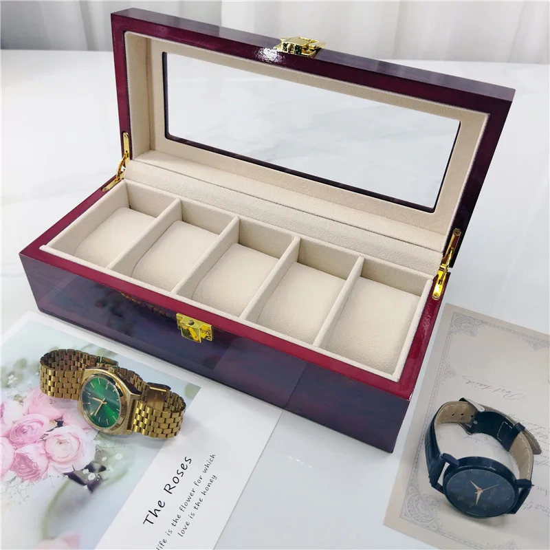 

Environmental Protection Wood Mahogany Watch Box Lacquered Wooden Box Five Slots Watch Display Box Polished Home Watch Box