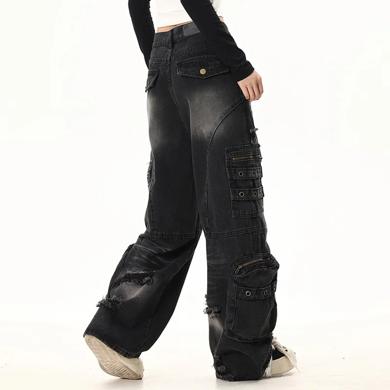 Hi Street Baggy Cargo Jeans Pants Multi Pockets Streetwear Black Denim Trousers For Male