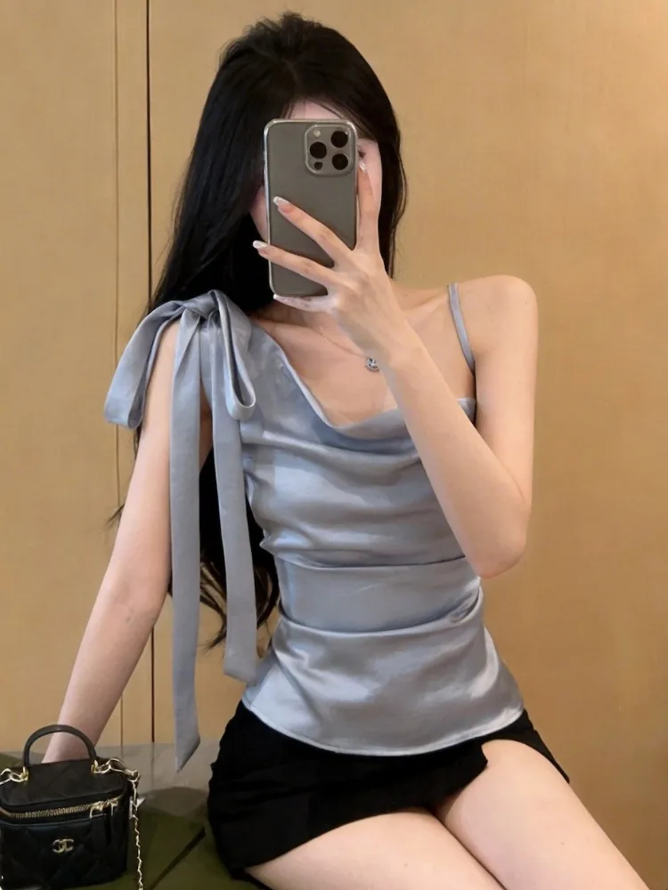 

Pure Desire Sexy Shoulder Bared Satin Crop Top Women Summer Slim Fit Sleeveless Vest Open Neck Strap Design City Walk Suitable