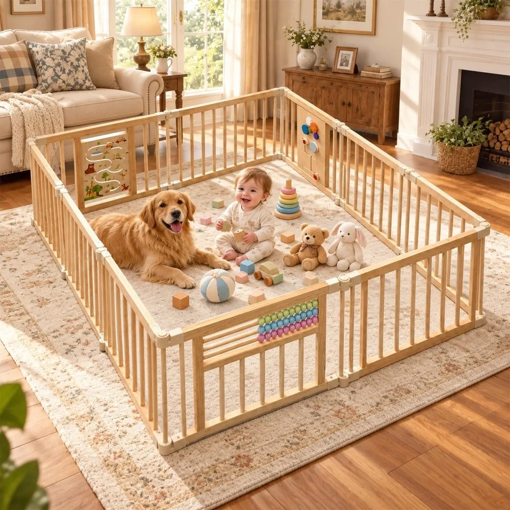 Foldable Wooden Playpen 95×63×24 Inch Play Yard for Babies and Toddlers