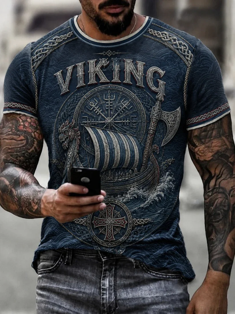 2027 Summer New Style Outdoor Men's Retro Danish Viking Style 3D Printed Breathable Quick-Drying T-Shirt Family Size Shirt Kids