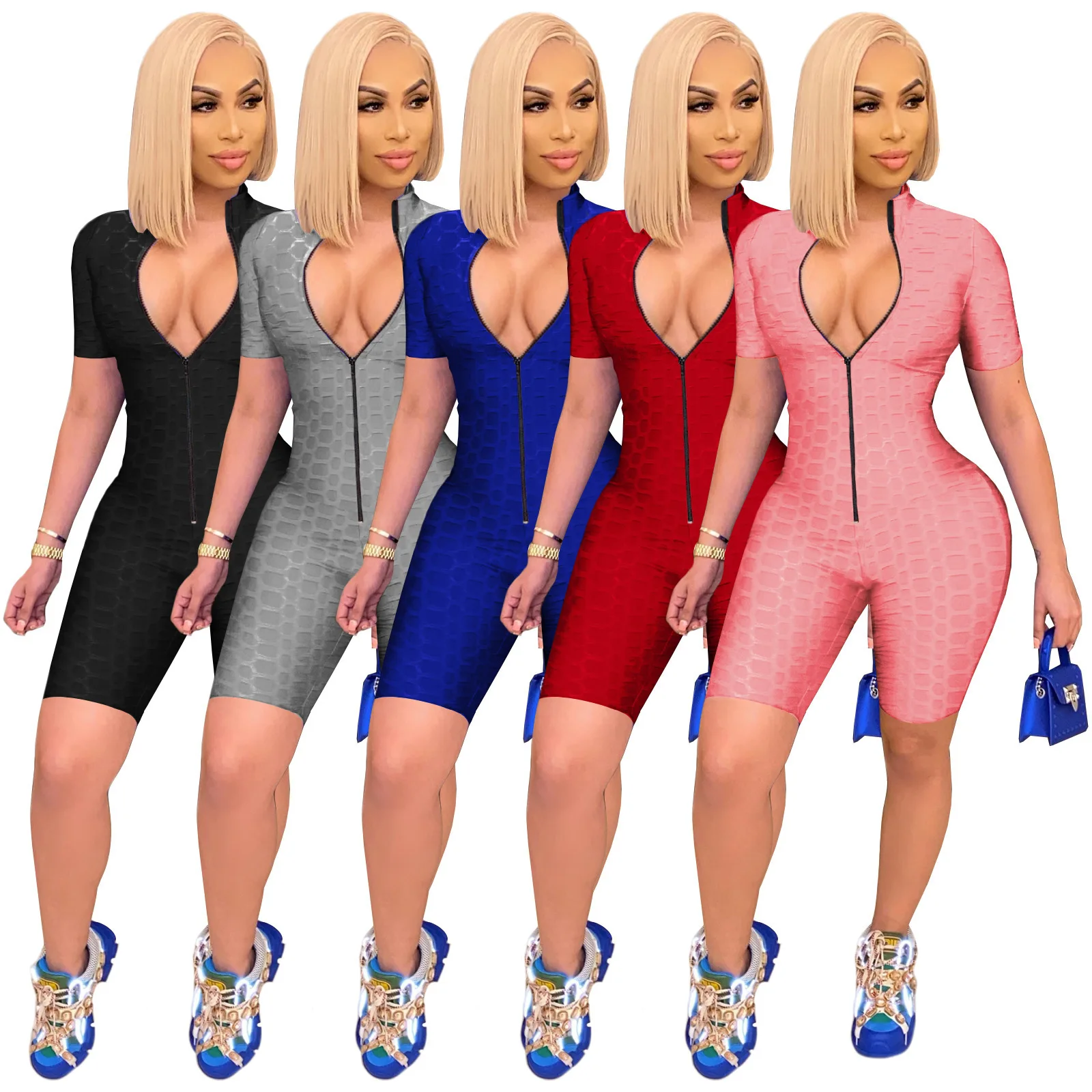 Solid Color Stretch Yoga Bodysuit Shorts with Long Zipper Nightclub Evening Dress