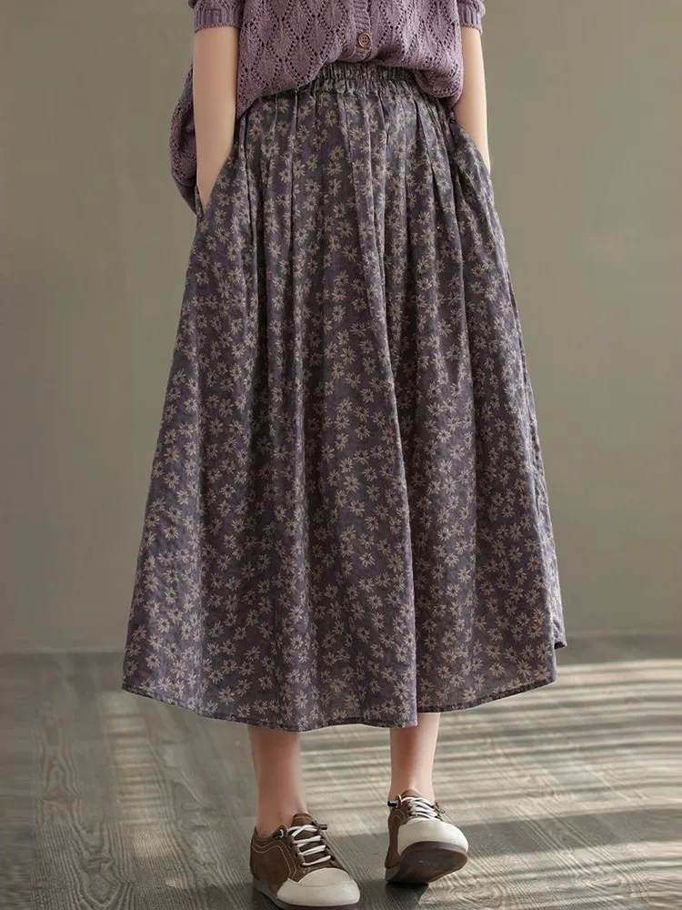 New Arrival 2025 Autumn Vintage Style Floral Print Loose Comfortable Ladies Elegant A-line Long Skirt D536 Women Casual Skirts