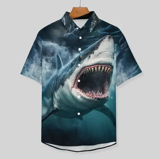 Summer Casual Hawaiian Men\'s Shirt Tattoo Retro Shark Sea Sail Print Short Sleeve Shirt Retro Street Men\'s Lapel Button Shirt