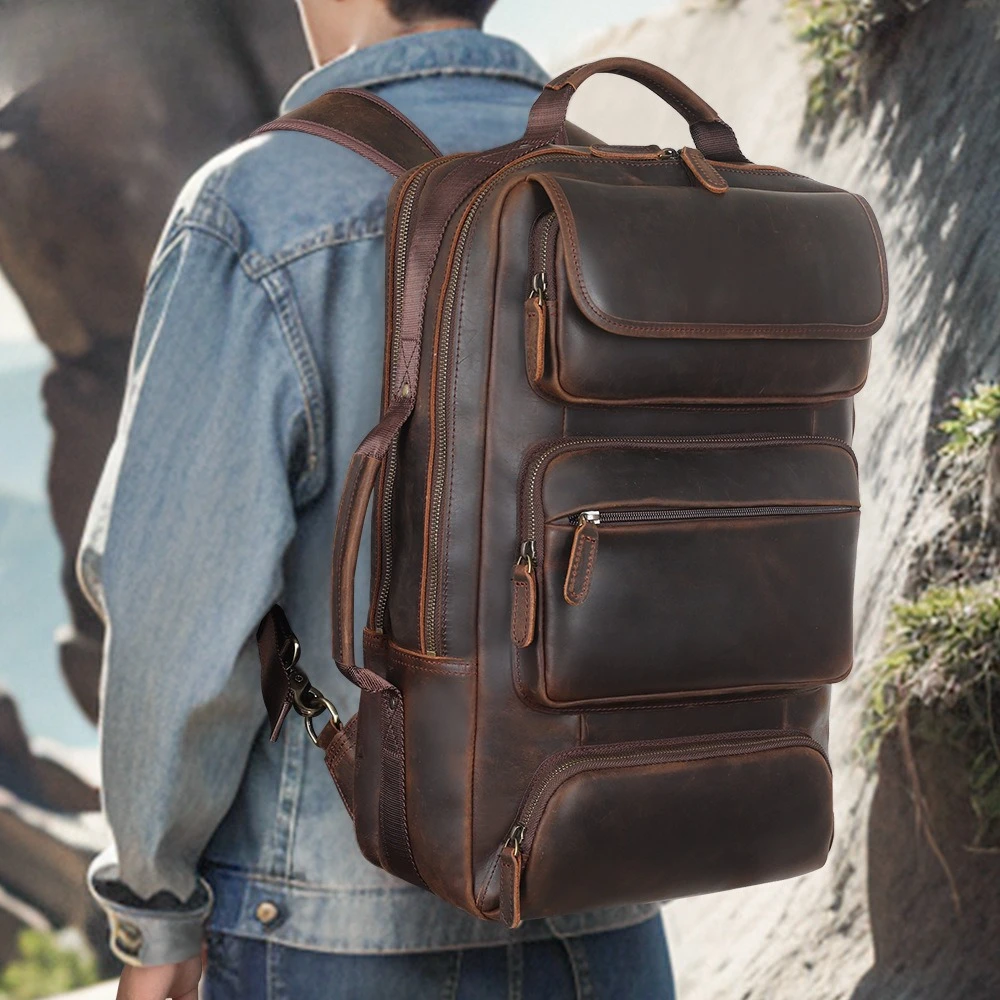 Vintage Crazy Horse Leather Men's Backpack Large Capacity 16 Inch Laptop Bag Retro Travel School Backpack for College Students