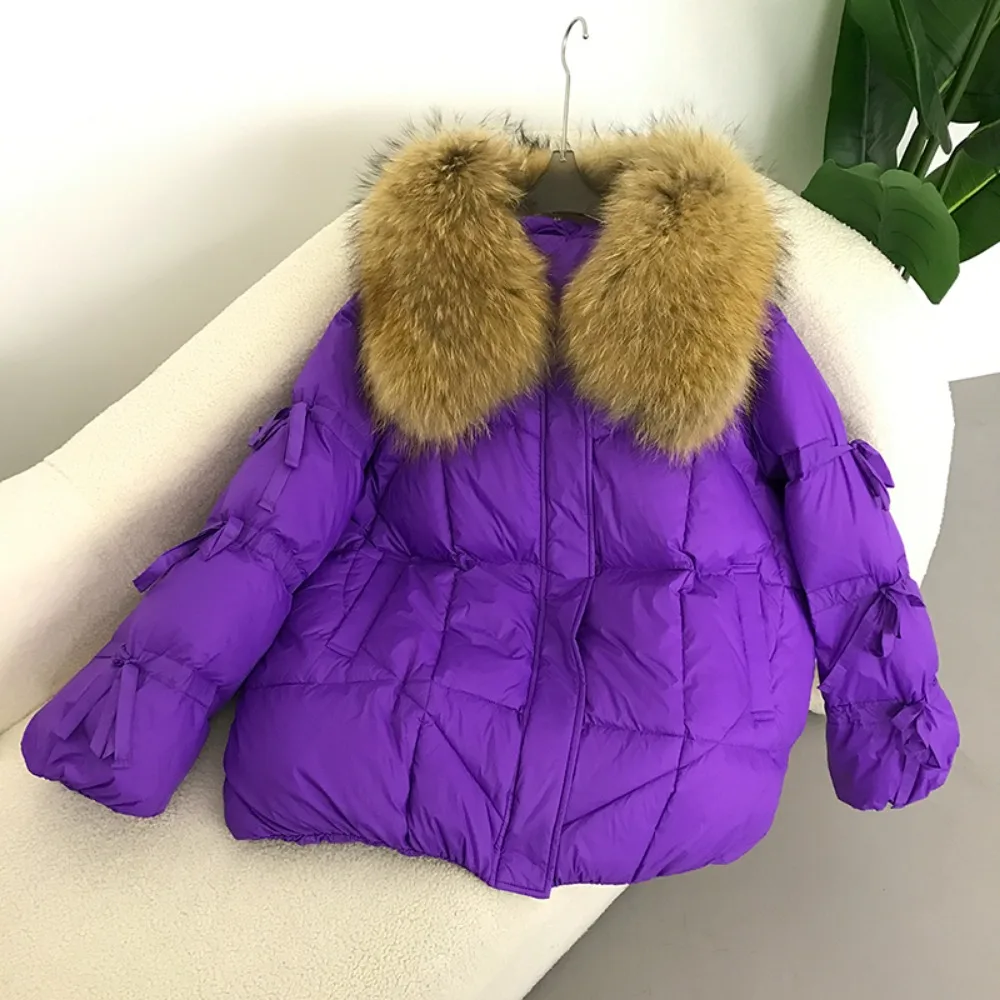 Down Jacket Women Natural Fur Coat Large Real Raccoon Fur Collar 2024 Winter Down Coat Bow Tie Sleeve Fashion Luxury Puffer Coat