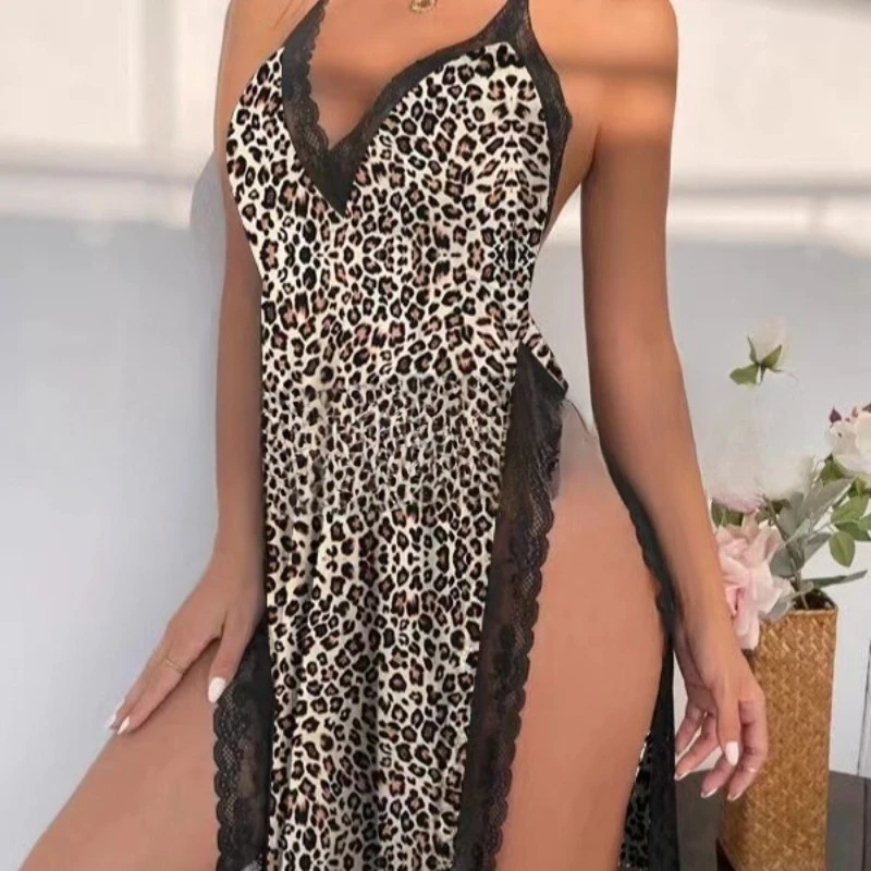 حجم كبير الملابس الداخلية النسائية العميق الخامس الدانتيل السباغيتي حزام ثوب النوم ليوبارد طباعة عارية الذراعين عالية الشق مثير منامة فستان مثير