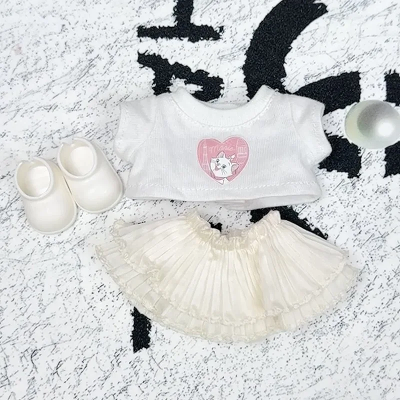 15/17cm 1세대~3세대 라부부 인형용 스윗 스타일 의상 세트 하트 모양 고양이 패턴이 있는 흰색 상의와 베이지색 주름 치마