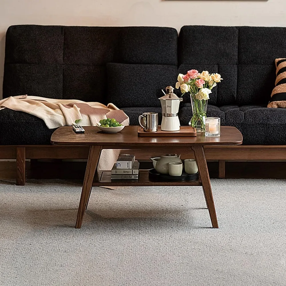 Rustic Farmhouse Style Oak Coffee Table with Storage and 2-Tier Shelf for Living Room