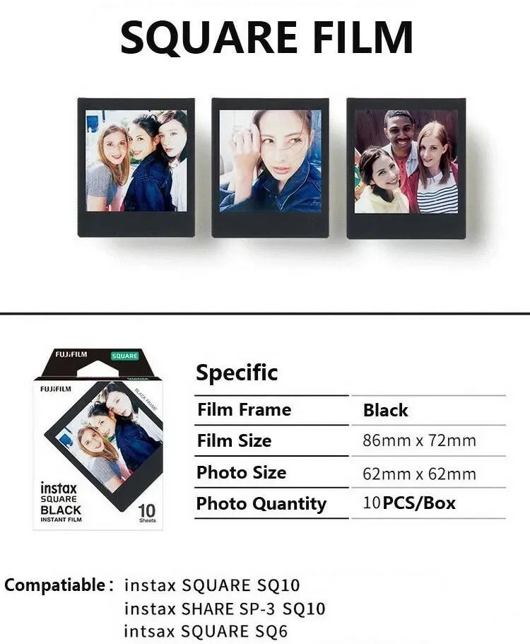 Fujifilm Instax فيلم مربع صغير ، ورق صور بحافة سوداء وبيضاء ، 10-50 ورقة لكاميرا Instax ، SQ10 ، SQ6 ، SQ20 ، طابعة Share