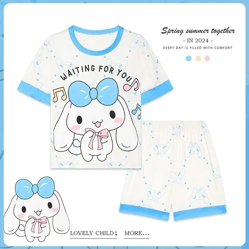 Sanrio Cinnamoroll Pijama de manga curta para crianças, Kawaii, Hello Kitty, Kuromi, Pijamas dos desenhos animados, roupas domésticas, calções de verão