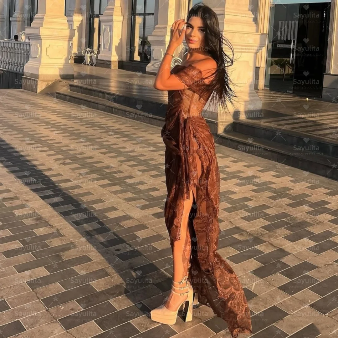 Sayulita فساتين لحضور الحفلات الموسيقية بدون حمالات بكتف واحد فستان سهرة مكشكش بفتحة جانبية من الدانتيل فساتين حفلات مسائية مخصصة #2