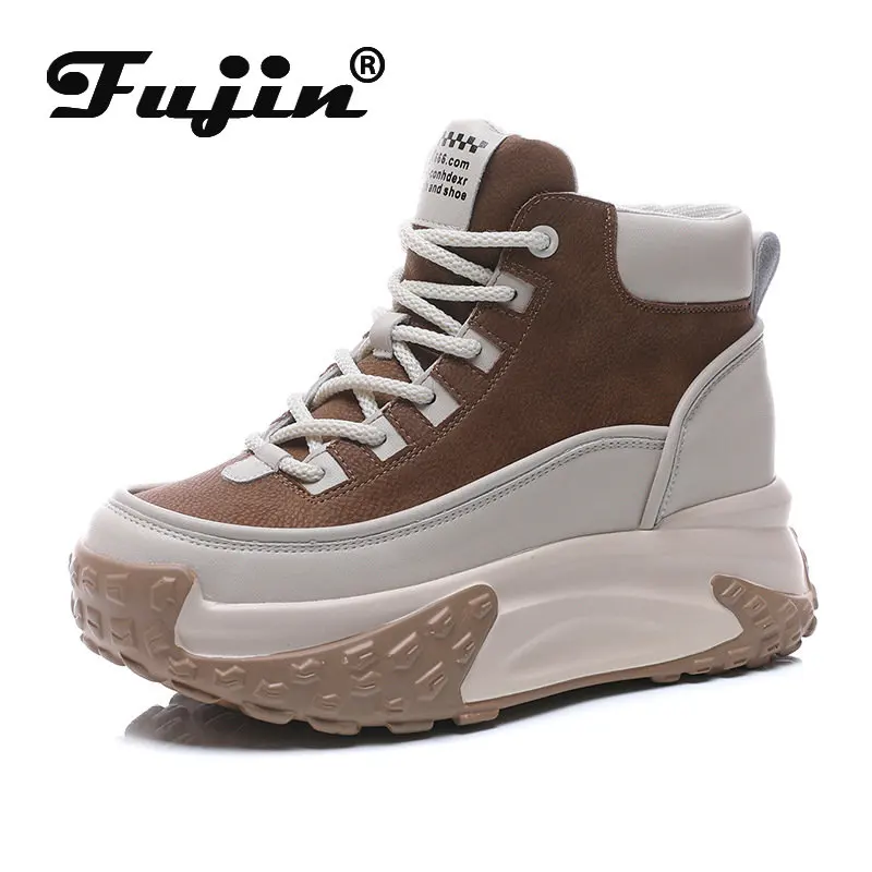 Fujin 7cm vera pelle alta marca colore misto appartamenti stivaletti piattaforma zeppa stivaletti donna autunno inverno peluche scarpe invernali