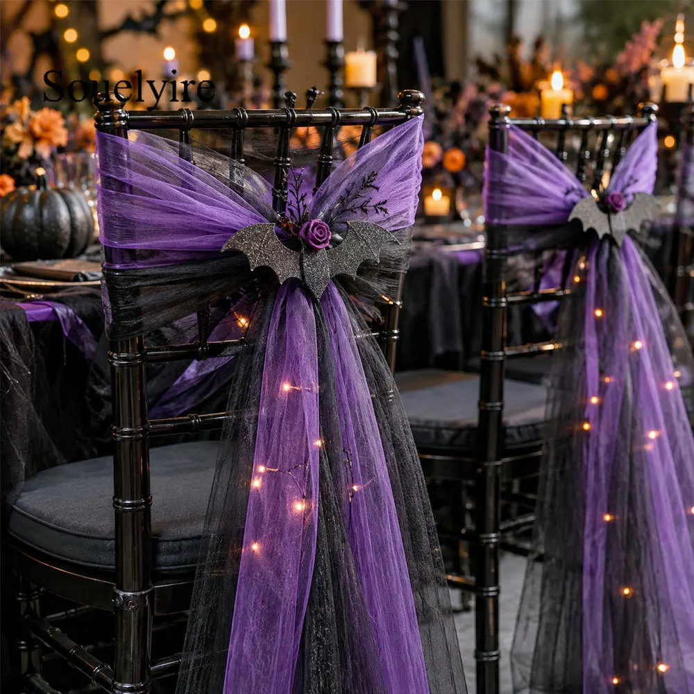 Schwarz/Lila Transparenter Tüll auf Rolle, für dunkle Halloween-Partys, Hochzeitsbankette, Geburtstage, Bogen-Blumenstuhl-Deko zum Selbermachen – Detail 4