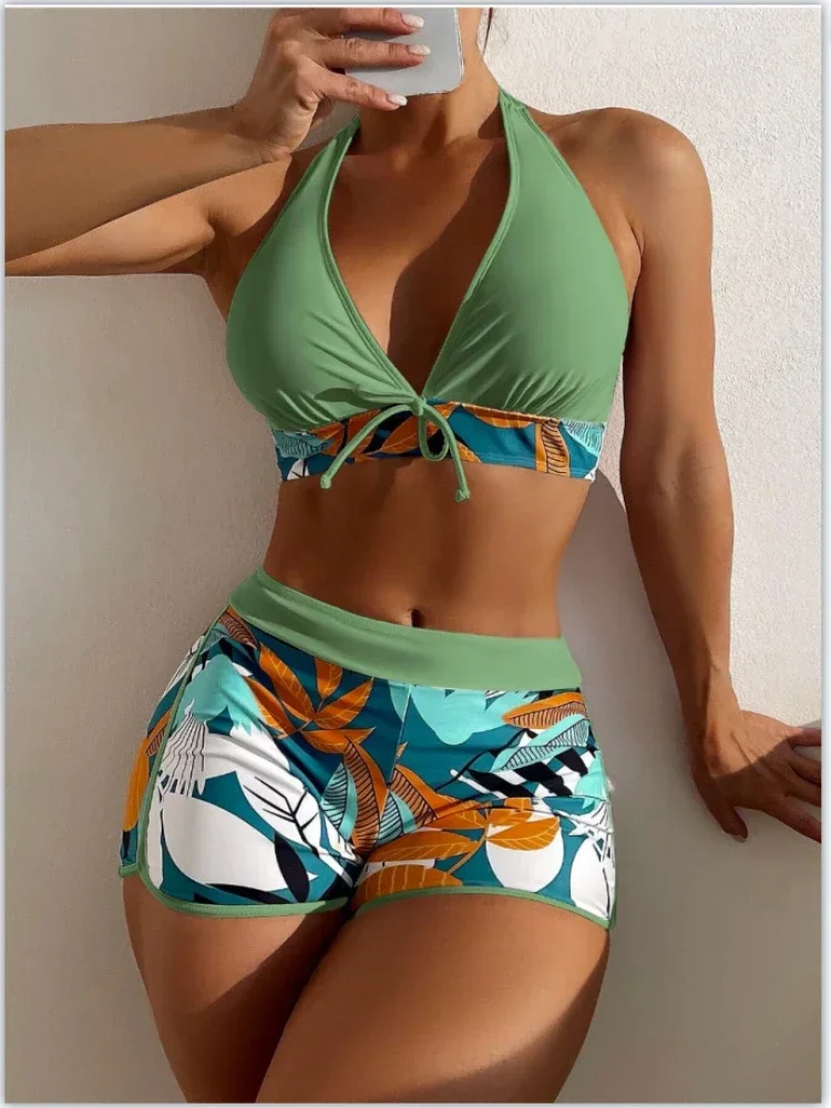 

2024 High Waist Sexy Swimsuit 2 Piece Women's Summer Bathing Bikini Set Tankini Shorts Halter Print Lace-up Swimwear Beachwear