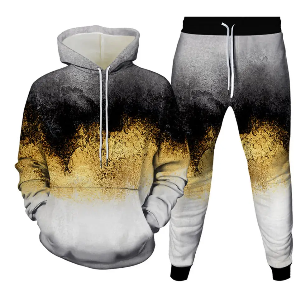 Golden Glitter Sparkle 3D Printing Hoodies+Trousers 2Pc Set Men Casual Tracksuit Harajuku Oversize Fashion Suits Clothes
