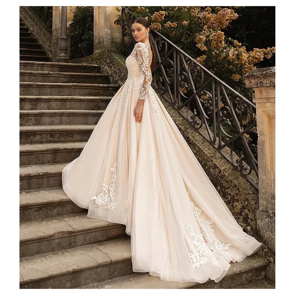 Elegante illusie trouwjurk met volledige mouw kant applique bruidsjurk v-hals aangepaste bruidjurk vestido de novia