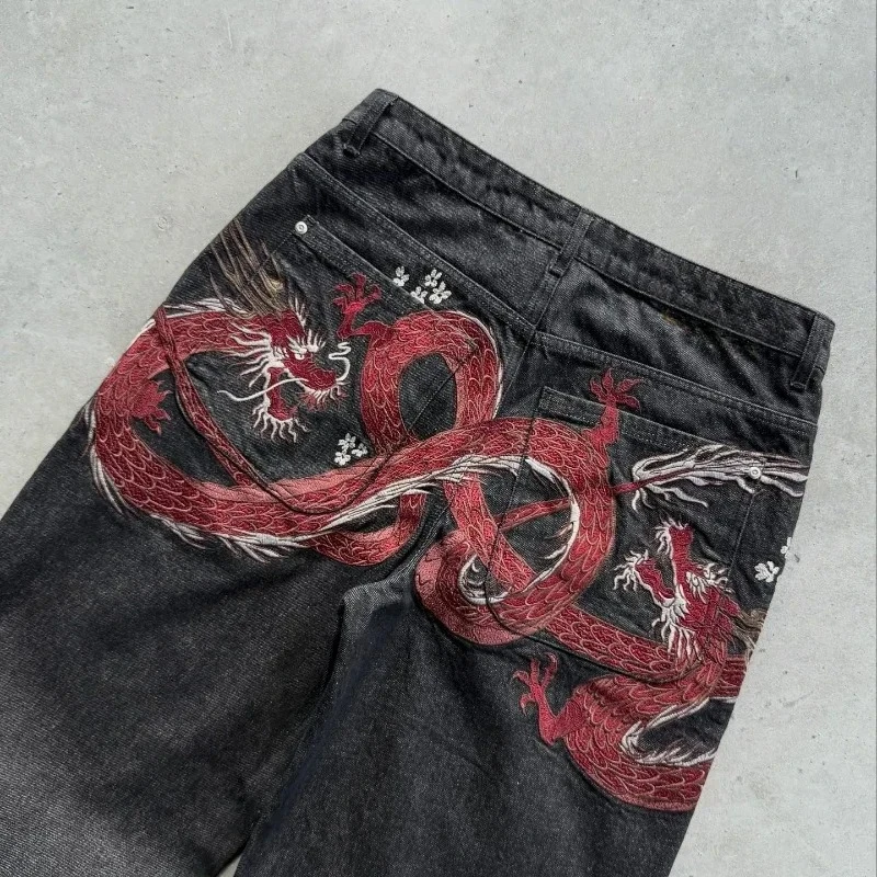 

Harajuku Dragon Selvedge Embroidery Y2K Мешковатые джинсы Одежда Винтаж Американские готические брюки Мужчины Женщины уличная одежда широкие брюки