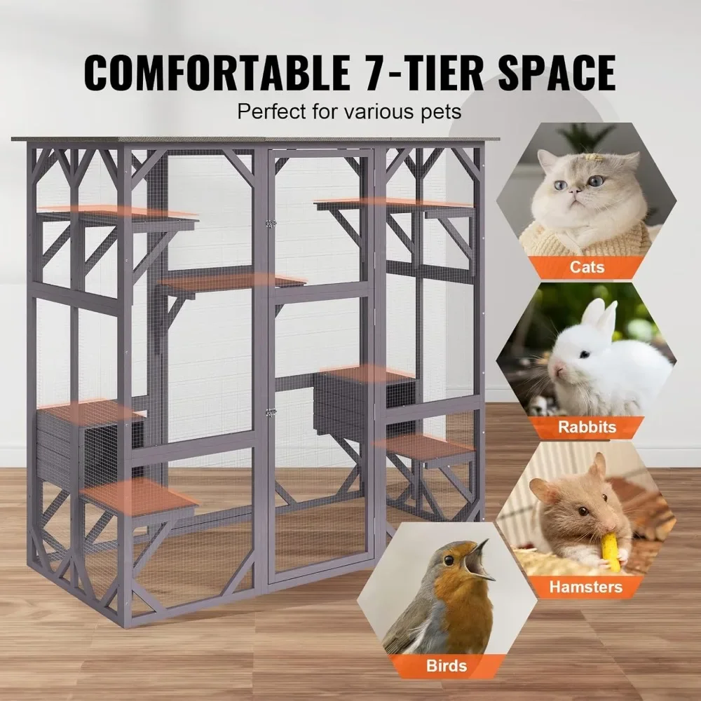 Cat Cage Condo Catio Outdoor/Indoor Cat Enclosure, Wooden Cat House with 5 Platforms, 7-Tier Pet Playpen with 2 Resting Box