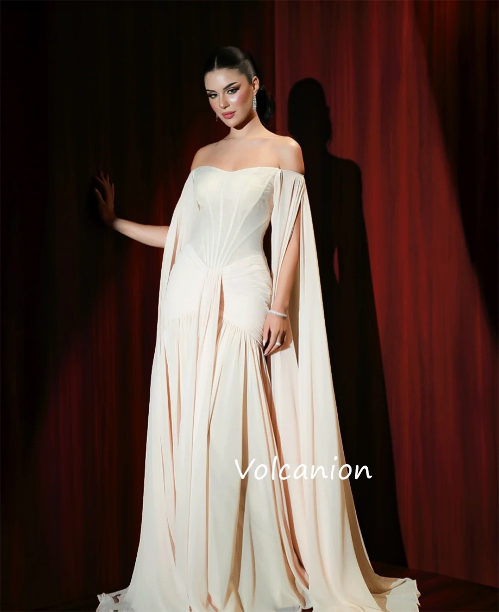 Personalizado estilo chinês chiffon plissado a linha fora do ombro vestidos longos sob medida ocasião noite moda unisex