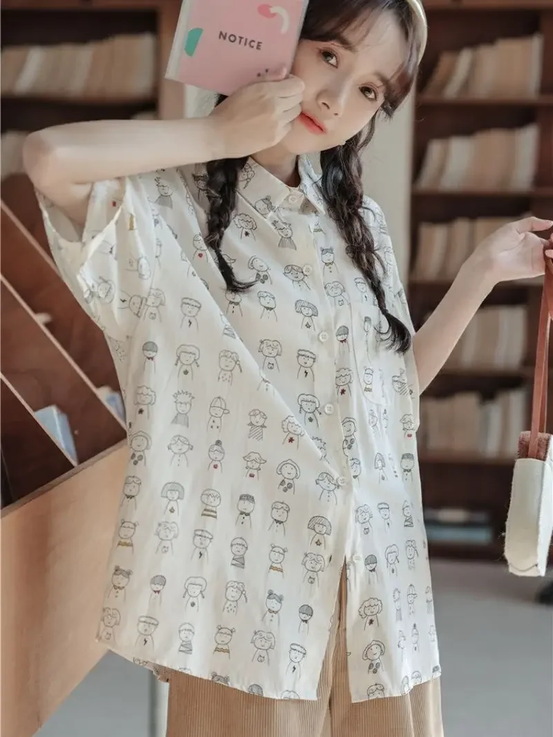 Harajuku Kawaii White Cartoon Shirts for Students Japanese Y2K Comic Print Blouse Half Sleeve Oversized Loose Summer Lapel Tops