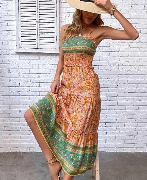 

Summer Ethnic Style Printed Ruffle Edge Camisole Dress with A Hanging Feel